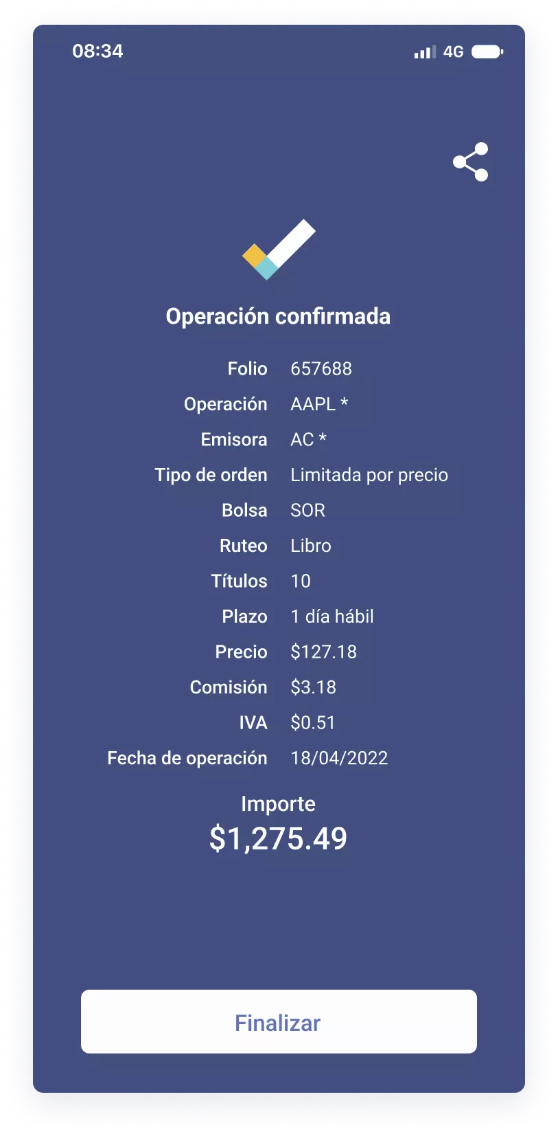 Operación confirmada mobile en Actinver Trade