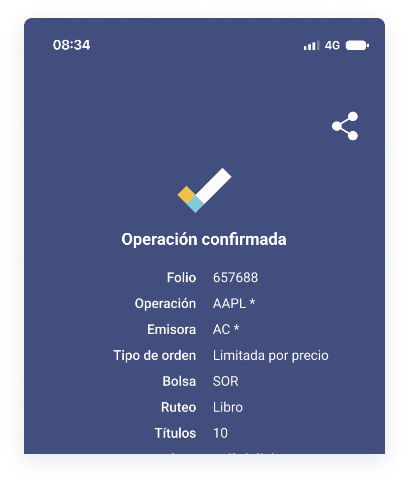 Operación confirmada mobile en Actinver Trade