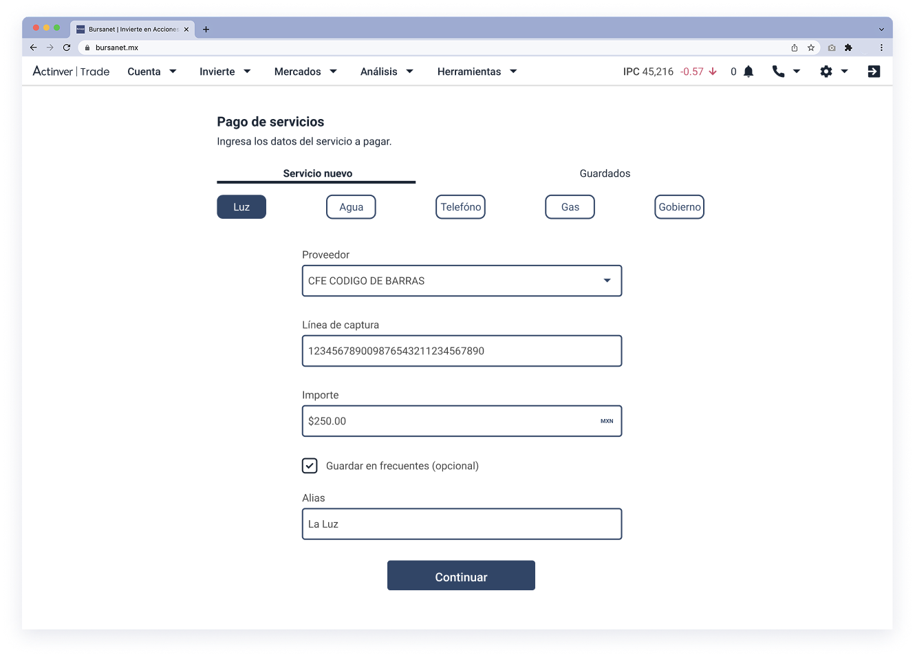 Pago de servicios web en Actinver Trade