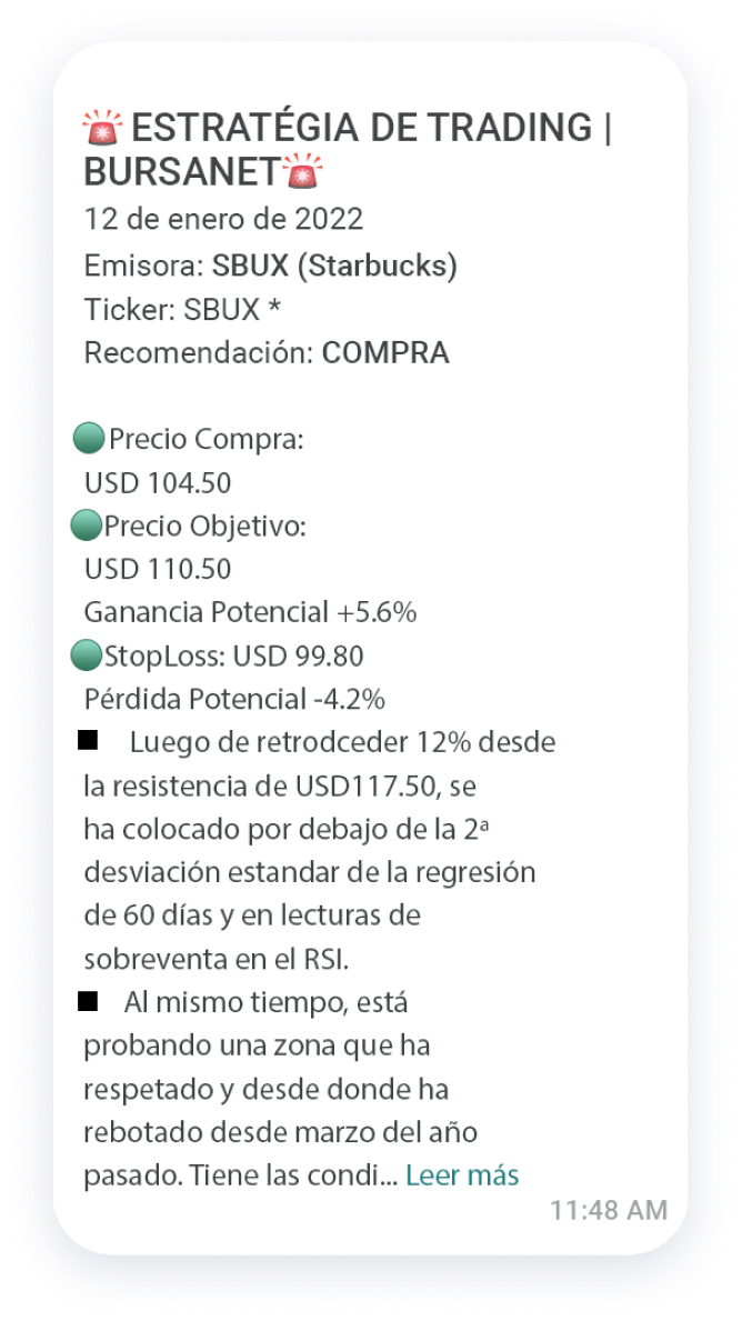 Mensaje de whatsapp mobile de trading en Actinver Trade